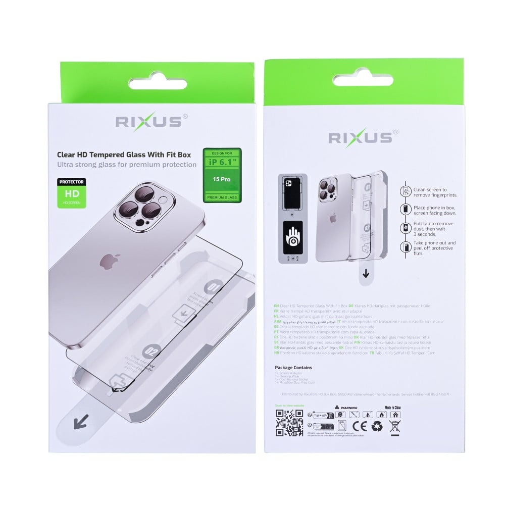 Rixus Clear HD Tempered Glass With Fit Box For Apple iPhone 15 Pro
