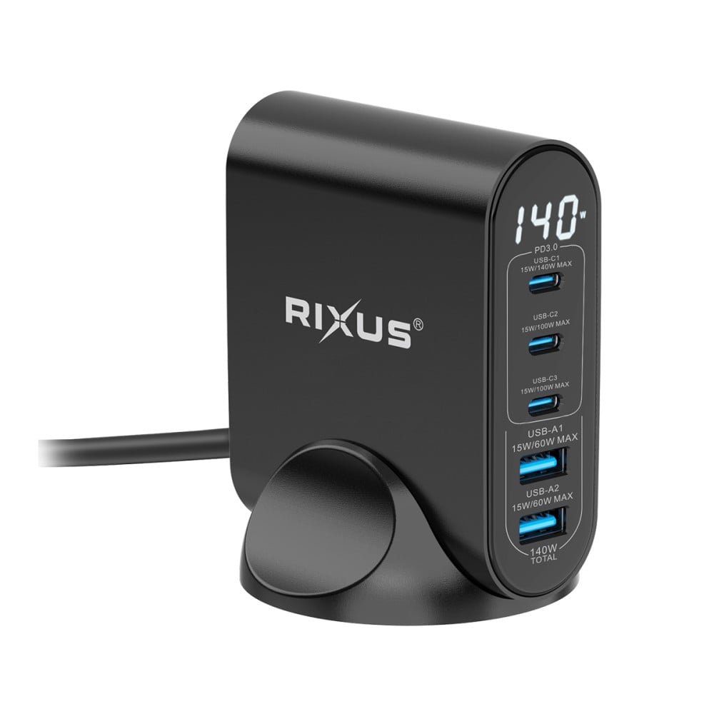 Rixus RX140 GaN Power Adapter With Digital Display 140W Black
