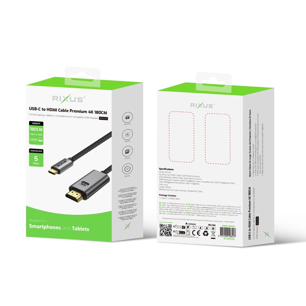 Rixus RXHU15 USB-C To HDMI Cable Premium 4K 1.8m Space Gray