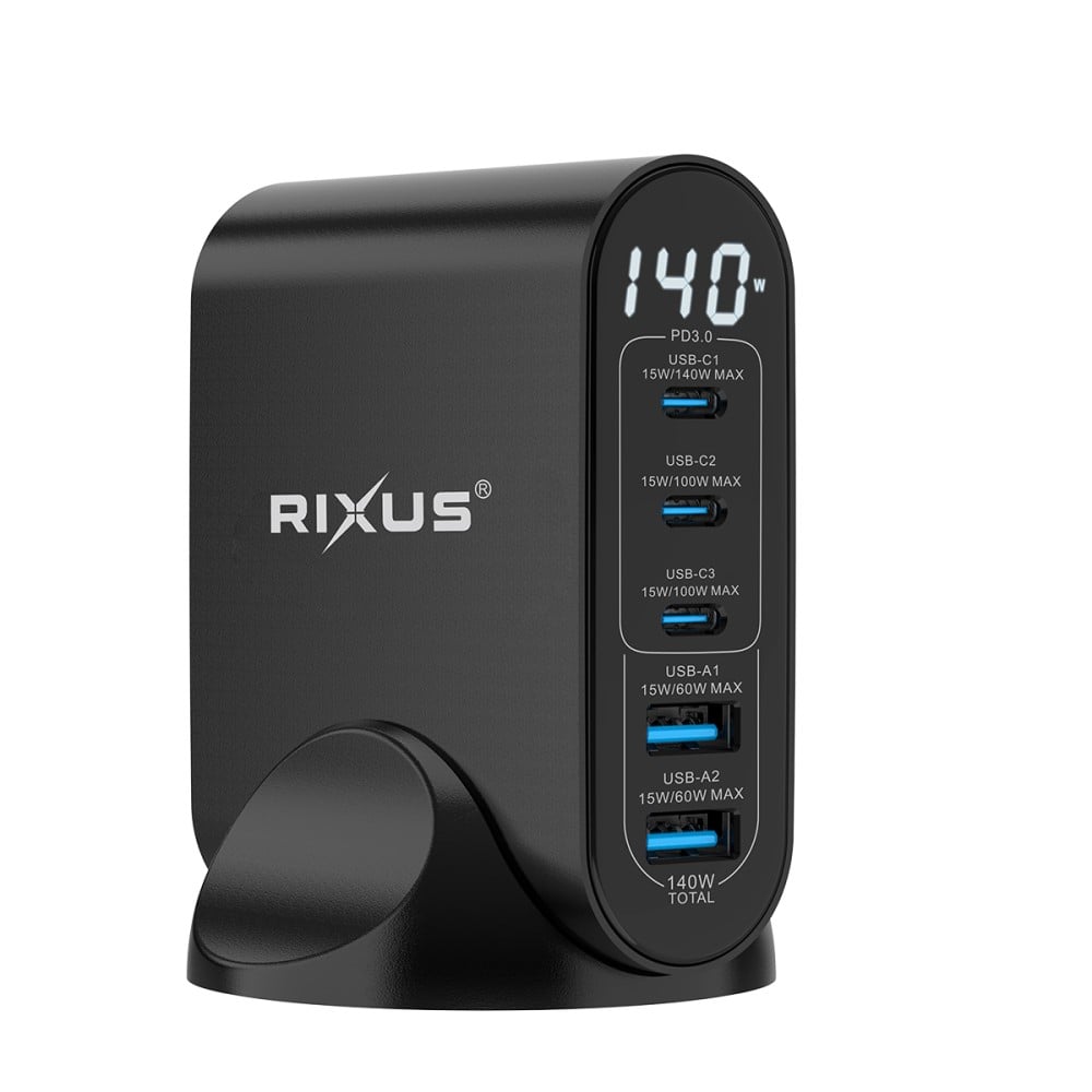 Rixus RX140 GaN Power Adapter With Digital Display 140W Black