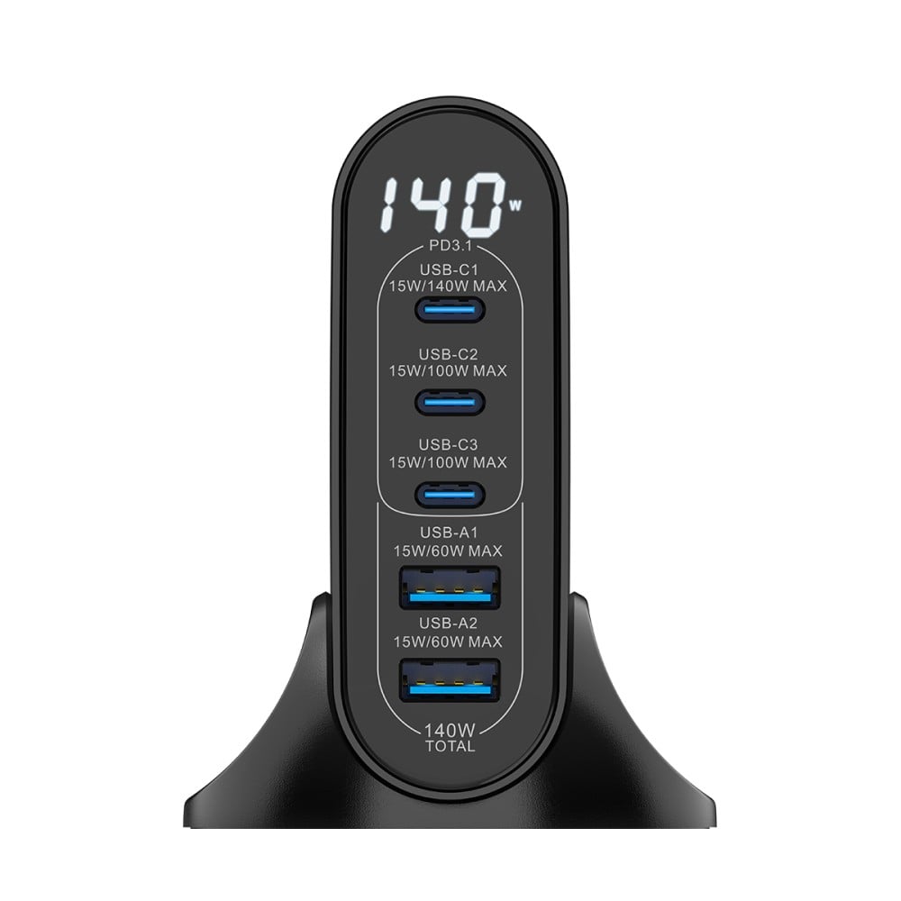 Rixus RX140 GaN Power Adapter With Digital Display 140W Black